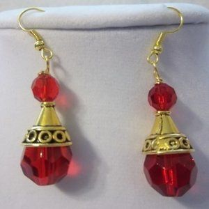 Ruby Red Glass Faceted Beaded Statement Dangle Drop Earrings